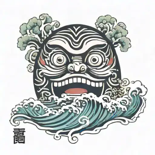 Japanese, Daruma doll, , sea wave tattoo design idea