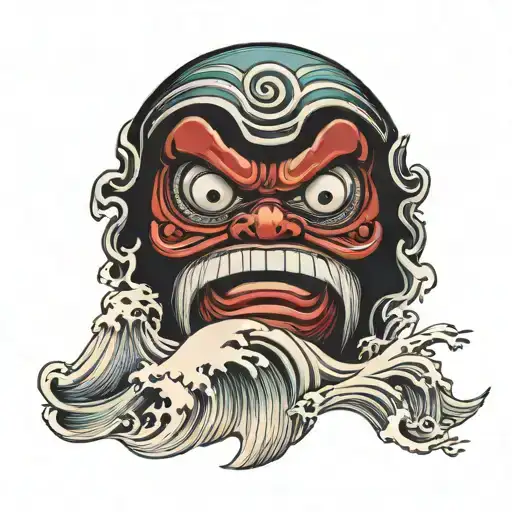 Japanese, hannyazura, Daruma doll, sea wave tattoo design idea