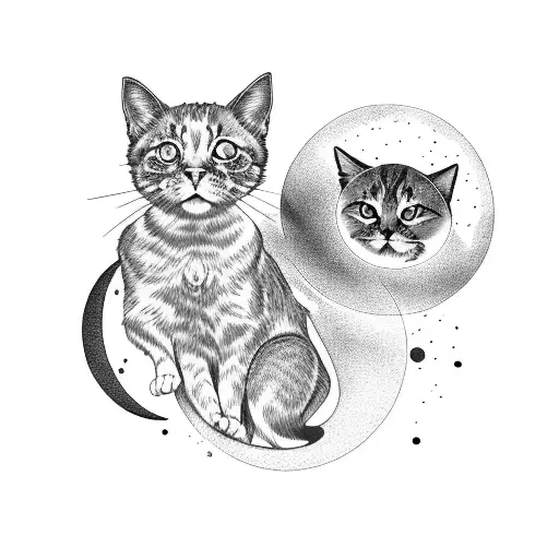 silhouettes of three cats and two mouses on a low wall with the moon in the background tattoo design idea