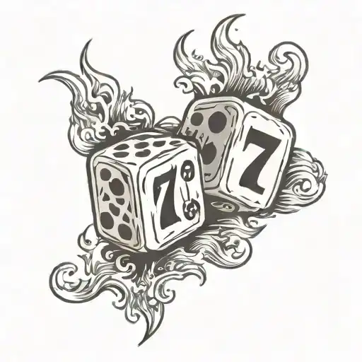3 dices with the number 7 on flames left arm tattoo design idea