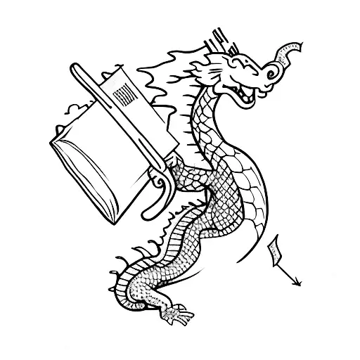 Sword with books and tiny dragon tattoo design idea