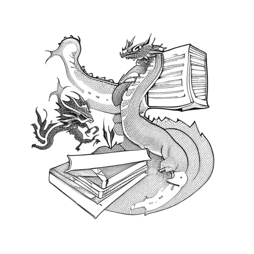 Sword with books and tiny dragon tattoo design idea