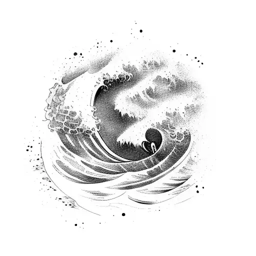 A majestic wave crashing against a surfboard with a trident of Poseidon piercing through it tattoo design idea