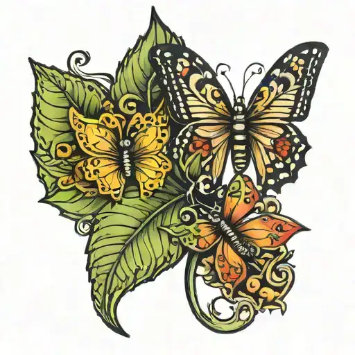 Arce leaf with padilla flores letters and butterflies tattoo design idea