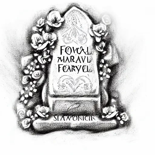 Elaborate Grave Stone decorated with flowers and farewell messages engraved in tattoo design idea