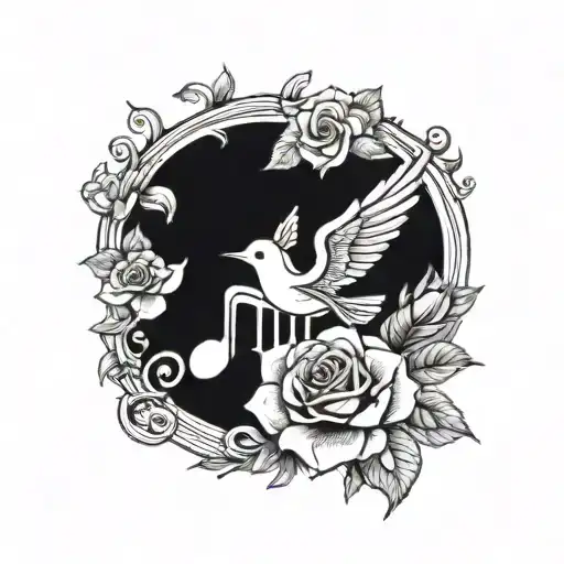 wings, music notes , 06/28/23 roses  tattoo design idea