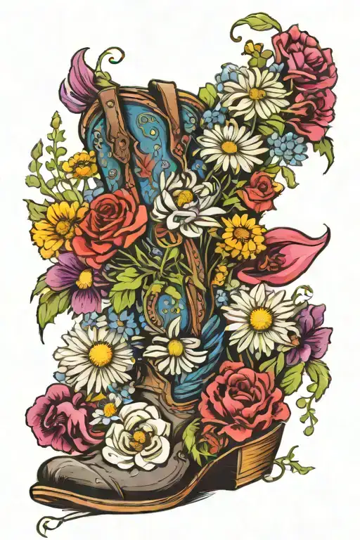 bouquet with Voilets, Cosmos, Poppy's, and Chrysanthemums in a cowboy boot vase tattoo design idea
