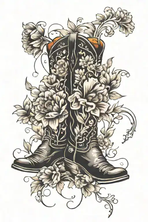 Voilets, Cosmos, Poppy's, and Chrysanthemums in cowboy boot  tattoo design idea