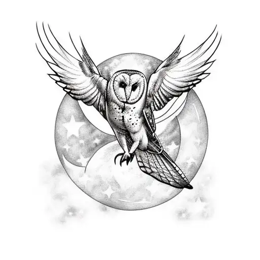 barn owl flying with moon and stars in background  tattoo design idea