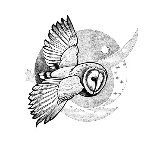 barn owl flying with moon and stars in background  tattoo design idea