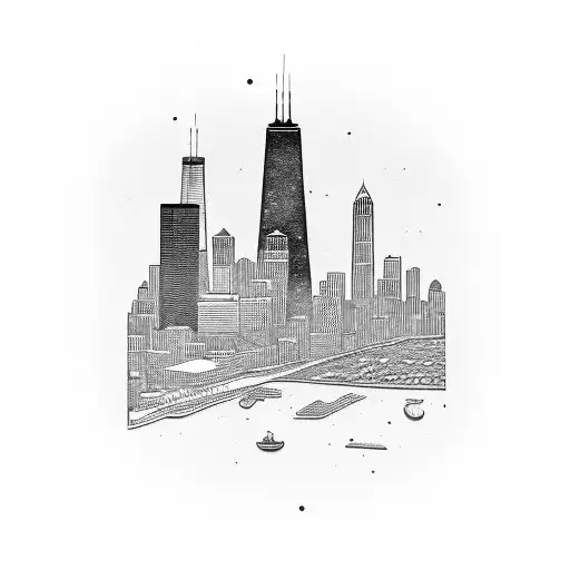 Combine the skylines of Chicago, St. Louis, and London into a futuristic cityscape tattoo design idea
