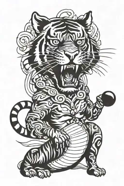 Incorporate elements of music, gaming, and weightlifting in a traditional tattoo design featuring a tiger roaring proudly with the year 2002 subtly included tattoo design idea
