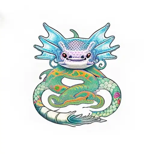 a axolotl resting on quetzalcoatl tail tattoo design idea