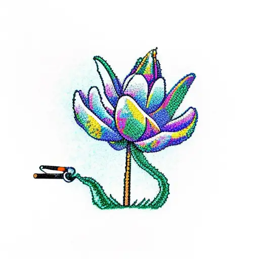 A whimsical scene of a person crocheting a giant tulip while smoking weed, with the colors green and blue accentuating the peaceful atmosphere tattoo design idea