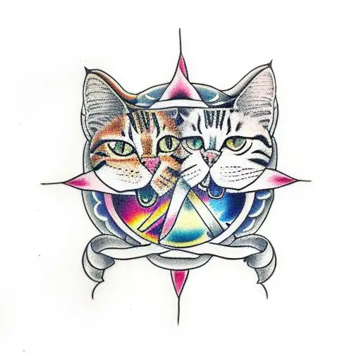 a tabby cat and a calico cat forming a yin and yang tattoo design idea