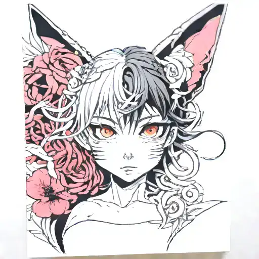 un panel de manga con la cara de sukuna en blanco y negro y los ojos de color original. tattoo design idea