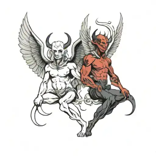 I want a demon and an Angel cooperating representing the duality of men, the demon has to be smirking and the Angel with tattoo design idea
