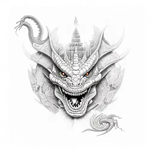 A dragon exploring the ancient ruins of Angkor Wat tattoo design idea