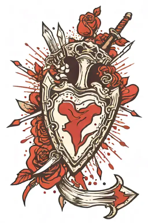 Shaco throwing knife through the heart broken heart on the right upper arm with blood stains  tattoo design idea