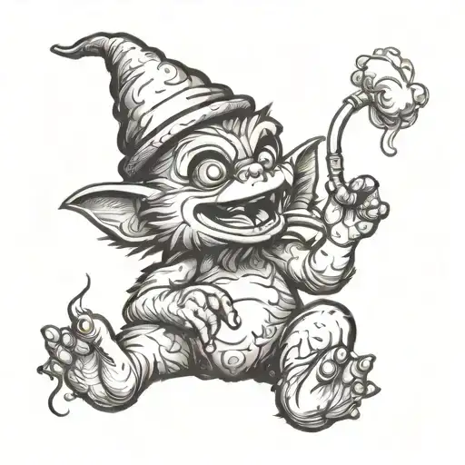A whimsical design featuring a mischievous gremlin smoking a joint, surrounded by care-bear characters tattoo design idea