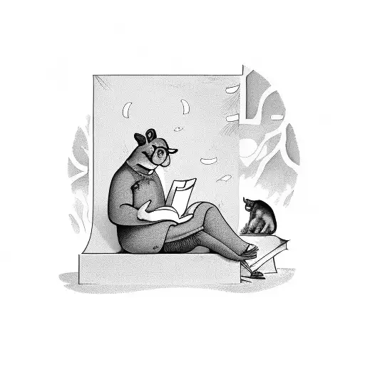 A black-grey tattoo of a teacher reading a book to a group of animals tattoo design idea