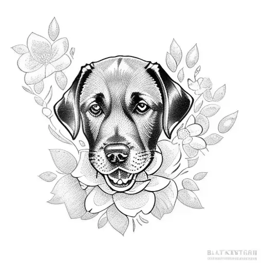 A blackwork tattoo of a labrador with flowers growing from its fur tattoo design idea