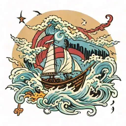 boat in a storm with lightning and music notes floating tattoo design idea