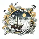 boat in a storm with lightning and music notes floating tattoo design idea