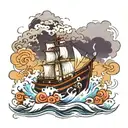 boat in a storm with lightning and music notes floating tattoo design idea