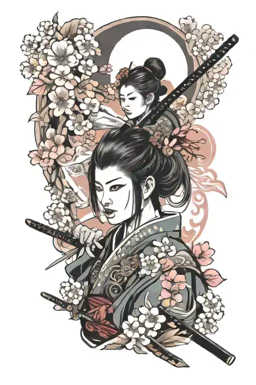 samurai, cherryblossom, female warrior, badass girl dressed tattoo design idea