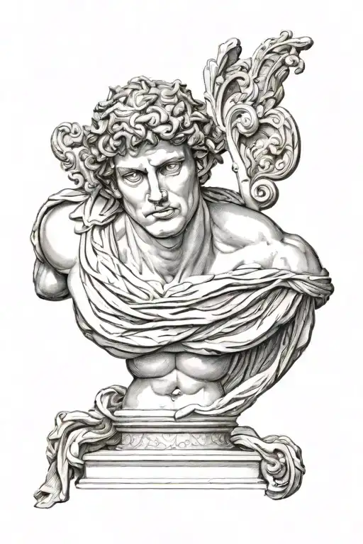 ancient Greek sculpture of David, he carries a living heart, it’s very hard for him, front view tattoo design idea