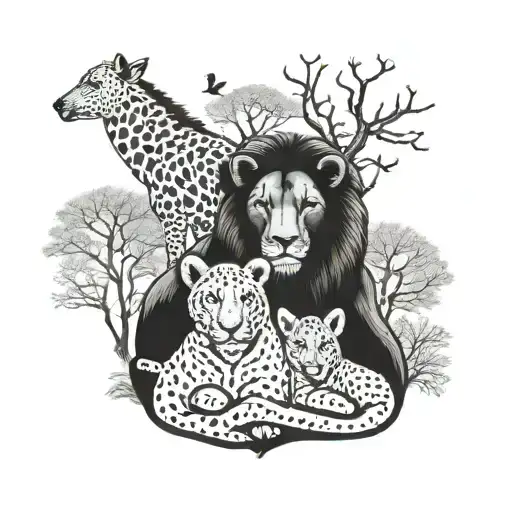 african animals, father, mother, 2 daughters tattoo design idea