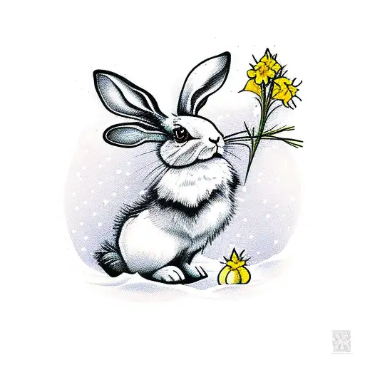 bunny standing in snow with daffodils sprouting  from the ground tattoo design idea