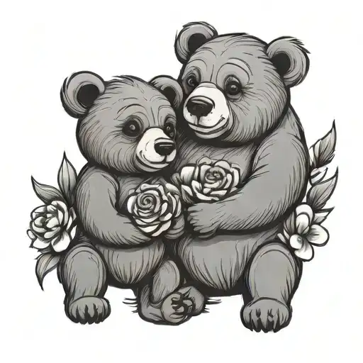 cartoon mama and baby bear with carnation flower tattoo design idea