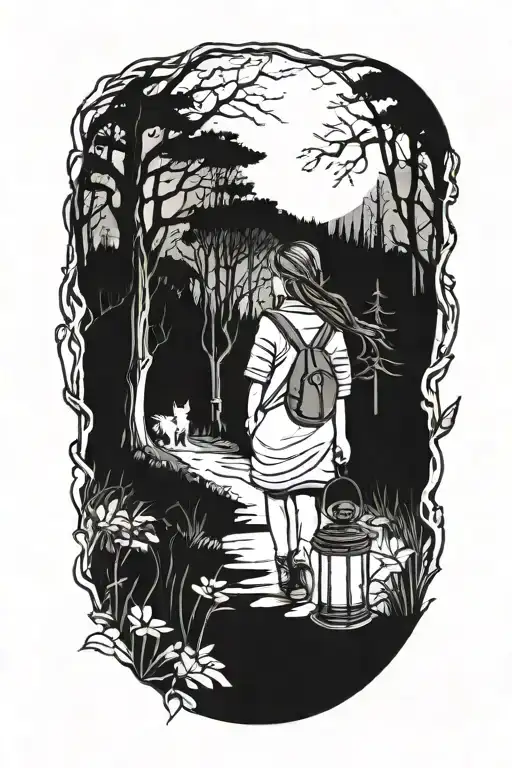 young girl walking into dark forest with cat and lantern tattoo design idea