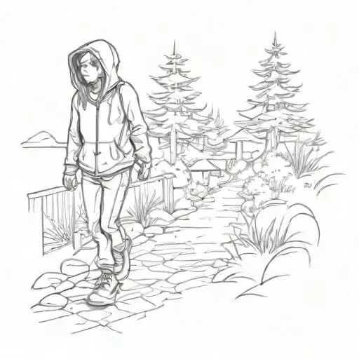 girl in pants and hoodie walking down path tattoo design idea