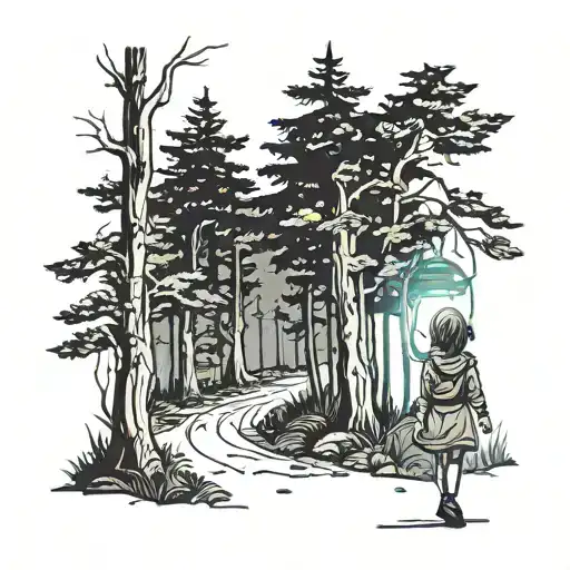 young girl walking into dark forest carrying lantern tattoo design idea