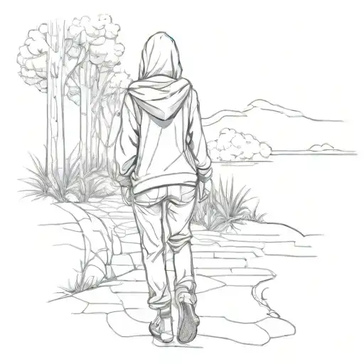 girl in pants and hoodie walking down path tattoo design idea