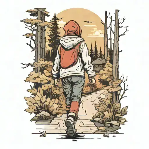 girl in pants and hoodie walking down path into forest tattoo design idea