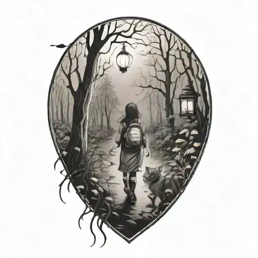 young girl walking into dark forest with cat and lantern tattoo design idea