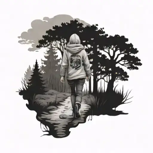 girl in pants and hoodie walking down path into forest tattoo design idea