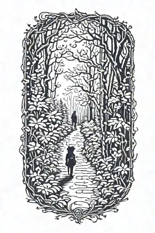 girl walking into dark forest with cat tattoo design idea