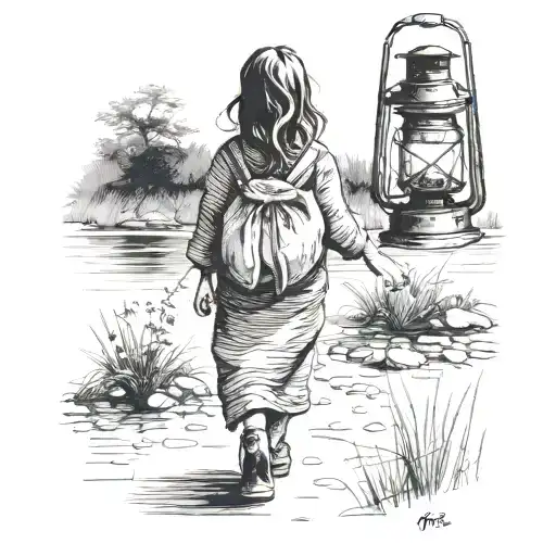 young girl carrying lantern in hand  walking away tattoo design idea