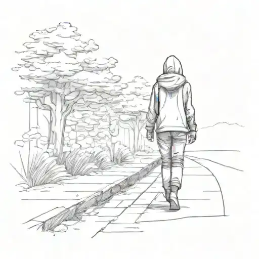 girl in pants and hoodie walking down path tattoo design idea
