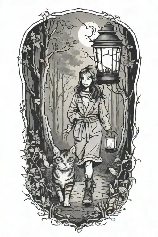 young girl walking into dark forest with cat and lantern tattoo design idea