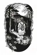 young girl walking into dark forest with cat and lantern tattoo design idea