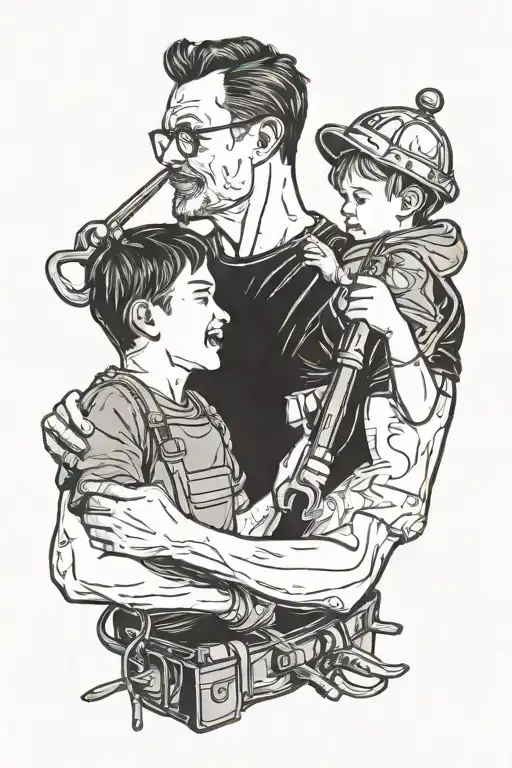 father and son handing father tools tattoo design idea