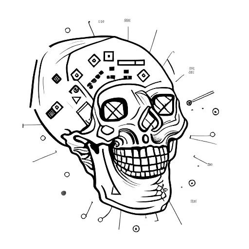 screaming skull, microchip circuit board, binary code tattoo design idea