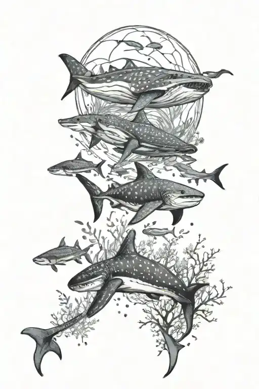 ocean waves, whale sharks swiping together with manta rays and other fishes jelly fish and coral aswell as sea turtles  tattoo design idea