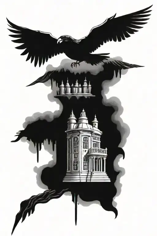 A blackwork tattoo of a mysterious library with hidden references to The Mummy and Harry Potter scattered throughout tattoo design idea